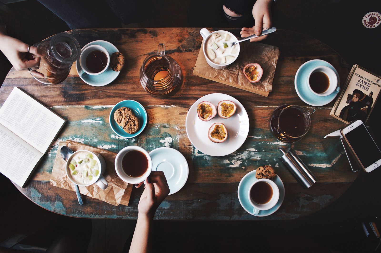 Coffee and dessert set on a marble table